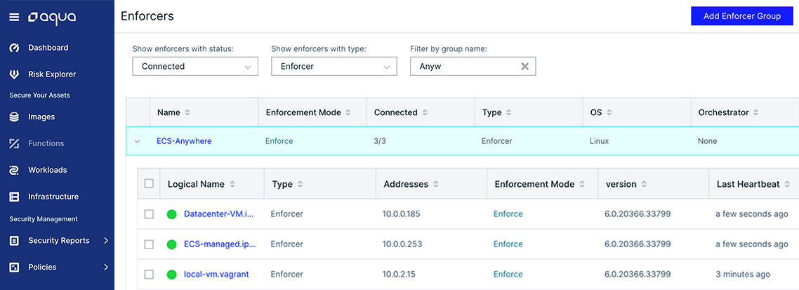 The Aqua Enforcer family provides a uniform set of security controls that can be applied to any types of workloads: