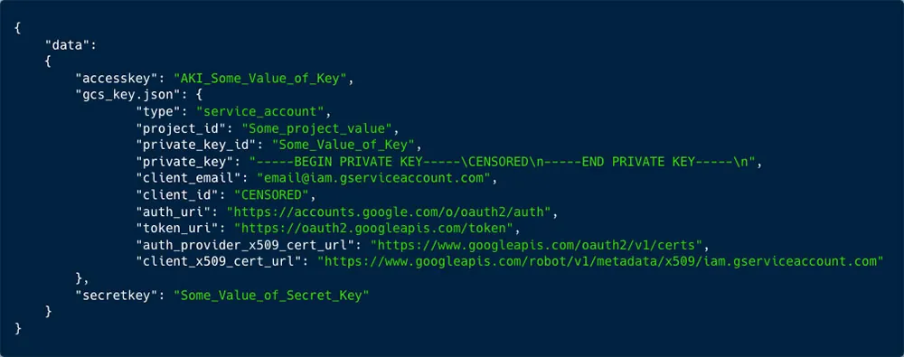 In the secrets API we found many exposed keys. In the screenshot you can see one of GCS, containing private and access keys  