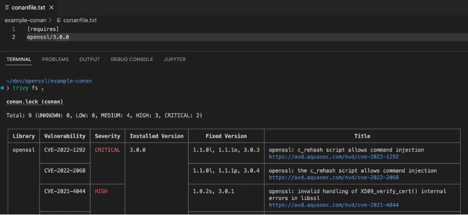 Trivy scans code repository with OpenSSL 3.0.0 for vulnerabilities which are detected and displayed