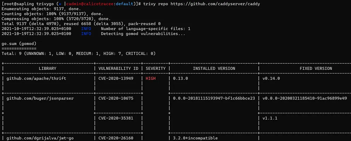 Trivy scan of the caddy github repository