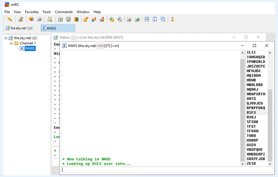 Screenshot from the IRC channel #AWS used as Command and Control server