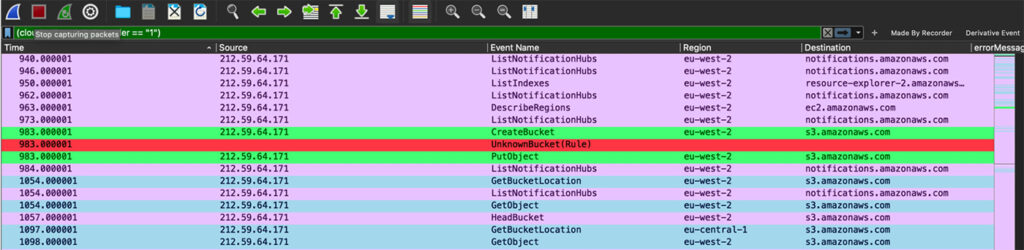 In this image, you can see 3 events marked in green and red. The first green event is a bucket creation, the second green is putting something in the bucket, and the red is a rule we wrote to detect a hidden resource (bucket) creation 